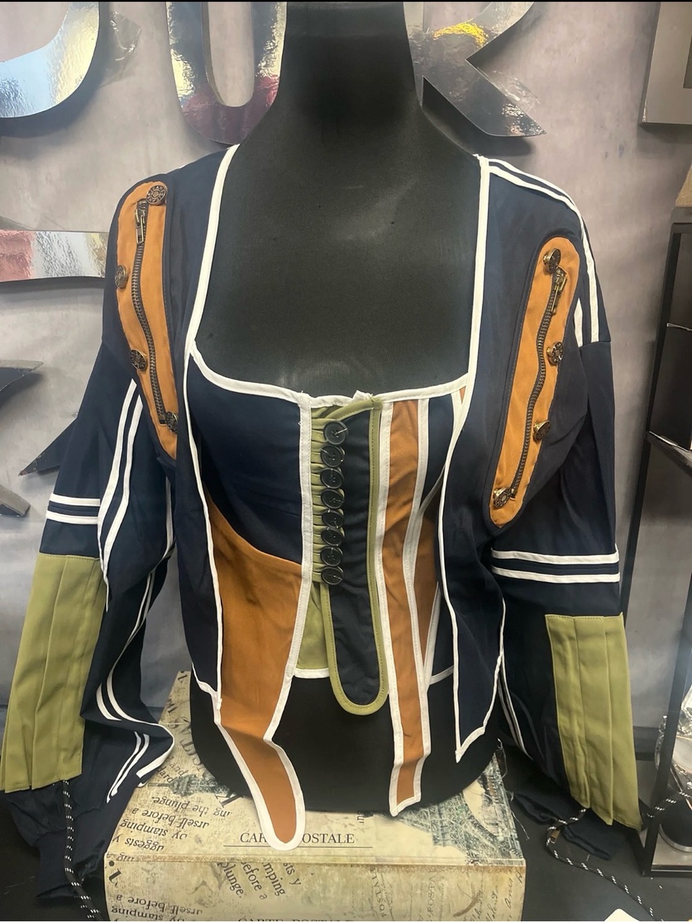Women's Multicolor Panelled Corset Jacket - Navy, Olive & Tan